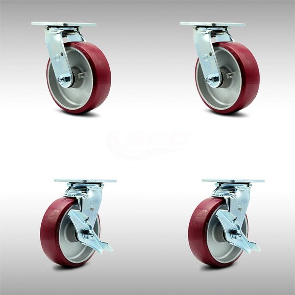 6 Inch SS Poly on Aluminum Swivel Caster Set with Ball Bearings 2 Brakes SCC